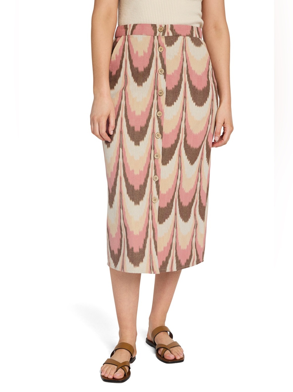 Faherty Wave-Pattern Button-Front Midi Skirt in Pink, Brown and Cream